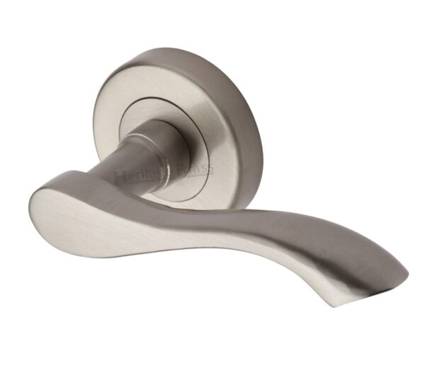 Heritage Brass Algarve Satin Nickel Door Handles On Round Rose (Sold In Pairs)