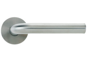 Zoo Hardware Vier Radius Lever On Round Rose, Satin Stainless Steel (Sold In Pairs)