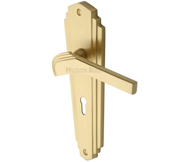 Heritage Brass Waldorf Art Deco Style Door Handles, Satin Brass (Sold In Pairs)