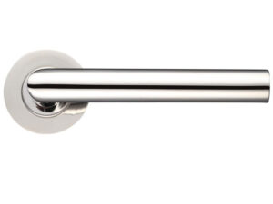 Zoo Hardware Zcs Architectural Mitred Lever On Round Rose, Polished Stainless Steel (Sold In Pairs)