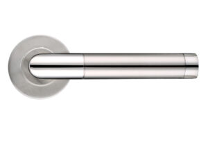 Zoo Hardware Zcs2 Contract Mitred Lever On Round Rose, Dual Finish Polished & Satin Stainless Steel (Sold In Pairs)