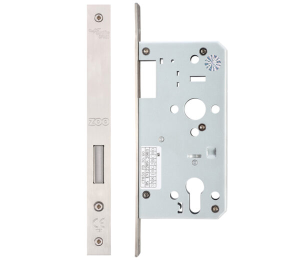 Zoo Hardware Vier 72Mm C/C Din Dead Lock (Square Or Radius Profile), Satin Stainless Steel