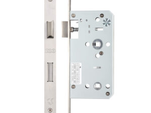 Zoo Hardware Vier 78Mm C/C Din Bathroom Lock (Square Or Radius Profile), Satin Stainless Steel