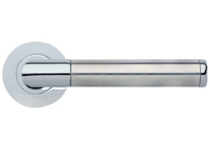 Zoo Hardware Stanza Luna Lever On Round Rose, Dual Finish Polished Chrome & Satin Stainless Steel (Sold In Pairs)