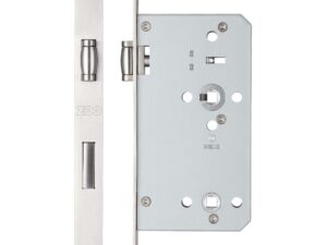 Zoo Hardware Vier 72Mm C/C Din Roller Bathroom Lock (Square Or Radius Profile), Satin Stainless Steel