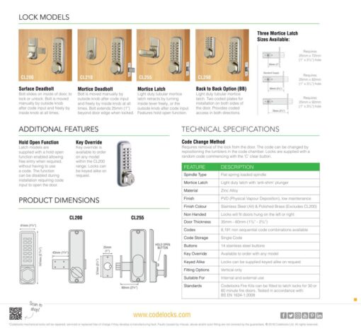 CODELOCKS 255 MECHANICAL Mortice Latch Key Override Dual SS, Fire Kit