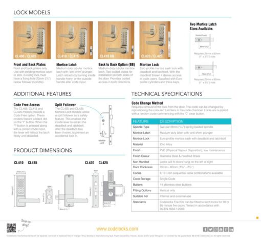 CODELOCKS 425 Mechanical Digital Locks 400 series with Anti-Panic Mort.Lock D/Cyl Passage S PVD Stainless Steel