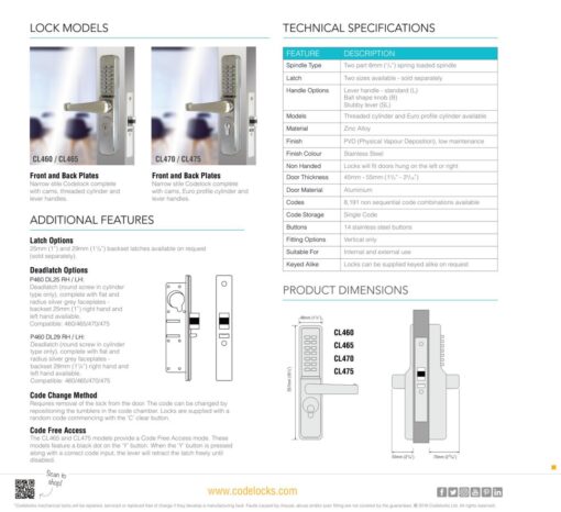 CODELOCKS 465 Mechanical Digital Locks 400 series Narrow Stile Threaded Cylinder+Code Free PVD Stainless Steel