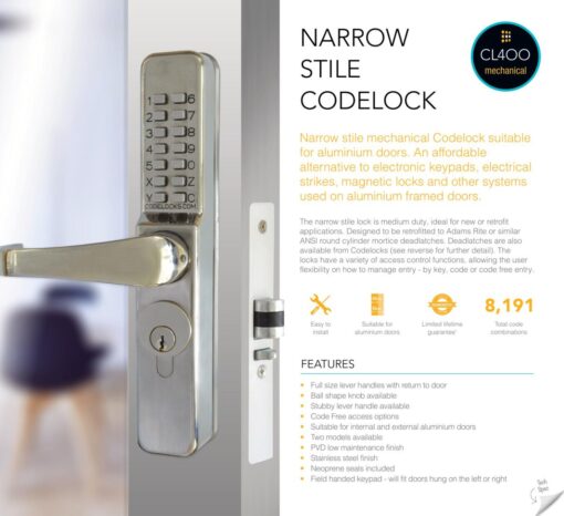 CODELOCKS 460 Mechanical Digital Locks 400 series Narrow Stile Threaded Cylinder Lever PVD Stainless Steel