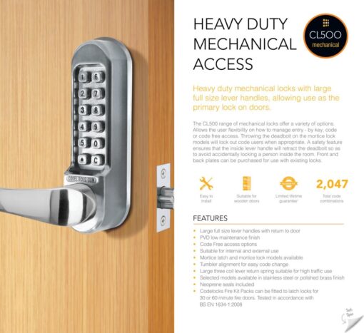 CODELOCKS 520 Mechanical Digital Locks 500 series with Anti-Panic Mort.Lock D/Cyl PVD Polished Brass