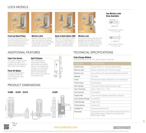 CODELOCKS 600 Mechanical Digital Locks 600 series Front & Back Plate only PVD Brushed Steel