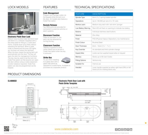 CODELOCKS CL4000 Electronic Digital Lock Glass Door Lock Brushed Steel - Left Hand