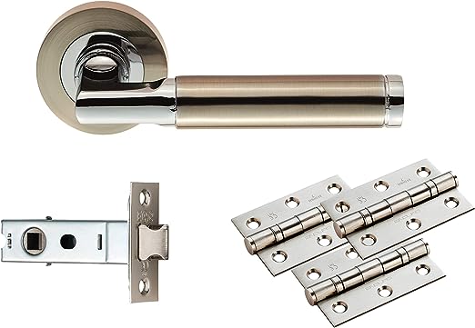 Door Handles On Rose Belas Latch Pack - Satin Nickel/Polished Chrome