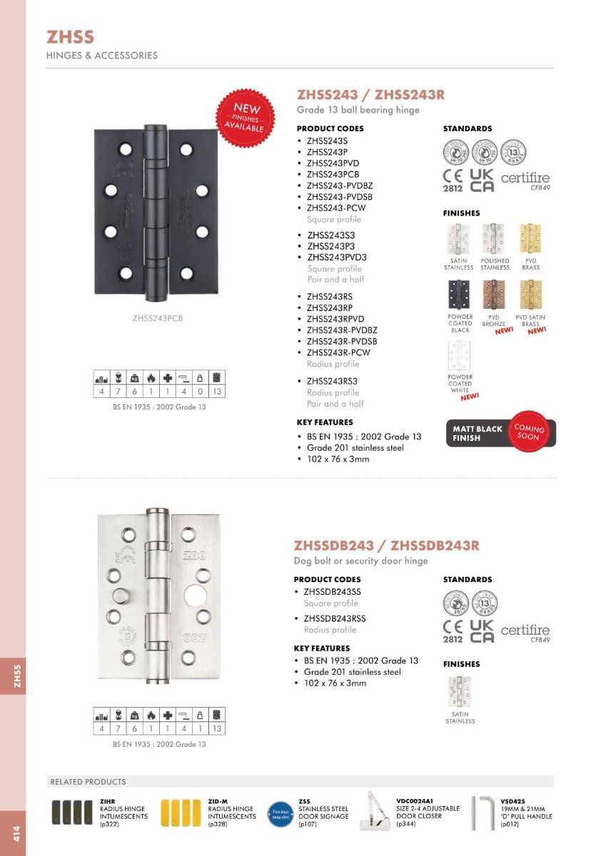 Zoo Hardware ZHSS243R-MB Grade 13 Hinges - Ball Bearing 102mm x 76mm x 3mm Radius Corner - Matt Black