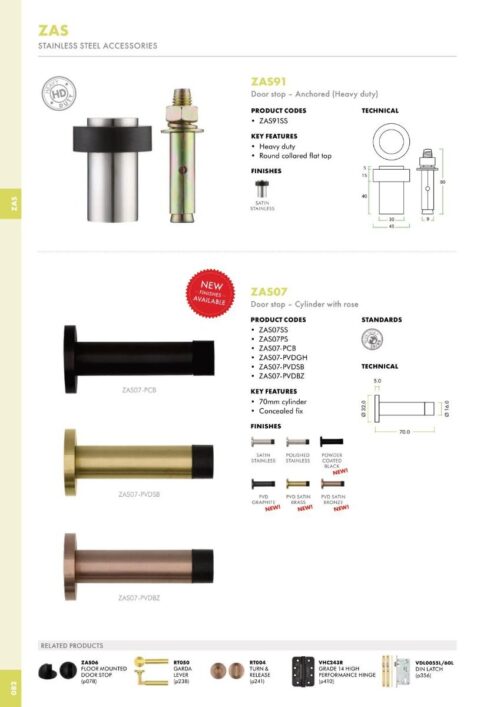Zoo Hardware ZAS07-FSB Door Stop - Cylinder - 70mm Projection With Rose - Favo Satin Brass