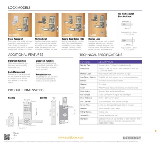 CODELOCKS CL5000 Electronic Digital Lock Back to Back Mortice Latch PVD B/Steel