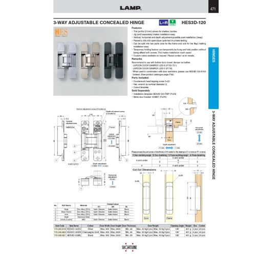 Sugastsune Hes3D-120Bl 3-Way Adjustable Concealed Hinge Black