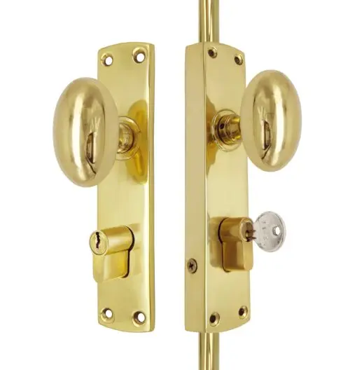 Oval knob locking door Espagnolette/Cremone bolt upto 8.5'-Polished brass lacquered