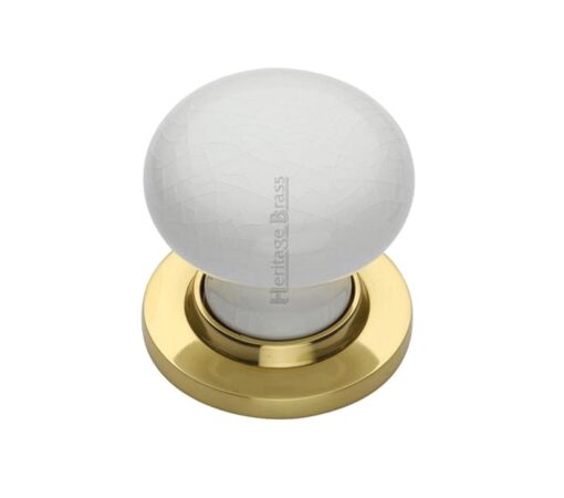 Heritage Brass White Crackle Porcelain Mortice Door Knobs, Polished Brass Rose (Sold In Pairs)