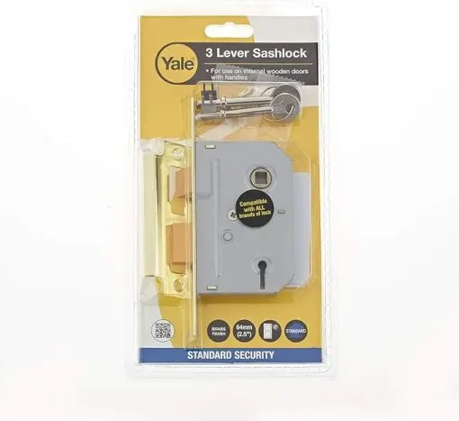Yale P-M322-PB-65 3 Lever Mortice Deadlock, Visi Pack, Suitable for Internal Doors, Brass Finish, 2.5 Inch/64 mm