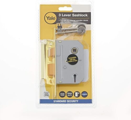 Yale P-M320-PB-65 3 Lever Mortice Sashlock, Visi Pack, Suitable for Internal Doors, Brass Finish, 2.5 Inch/64 mm