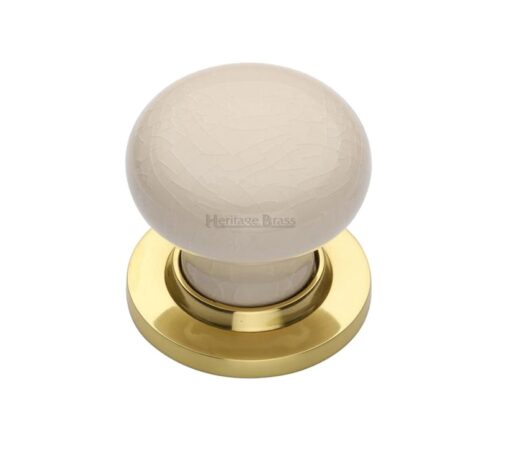 Heritage Brass Cream Crackle Porcelain Mortice Door Knobs, Polished Brass Rose (Sold In Pairs)