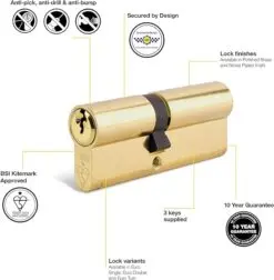Yale Locks Euro Double Cylinder Kitemark 30 x 30 (70mm) Polished Brass Visi