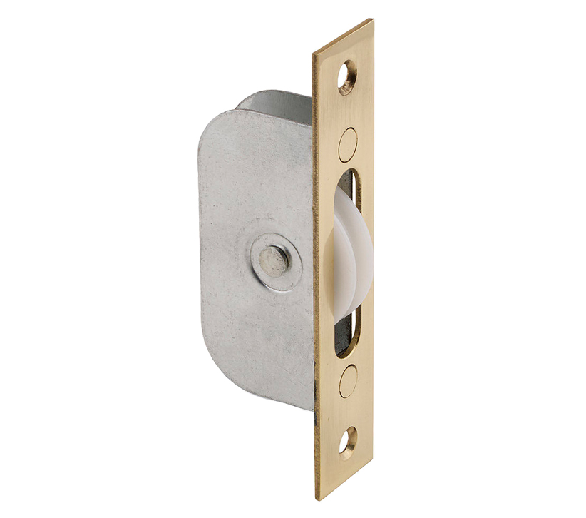 Galvanised Sash Window Axle Pulley (Square Forend), Polished Brass With Nylon Wheel