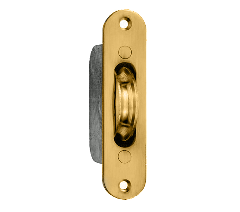 Heavy Duty Galvanised Sash Window Axle Pulley (Radius Forend), Polished Brass With Brass Wheel