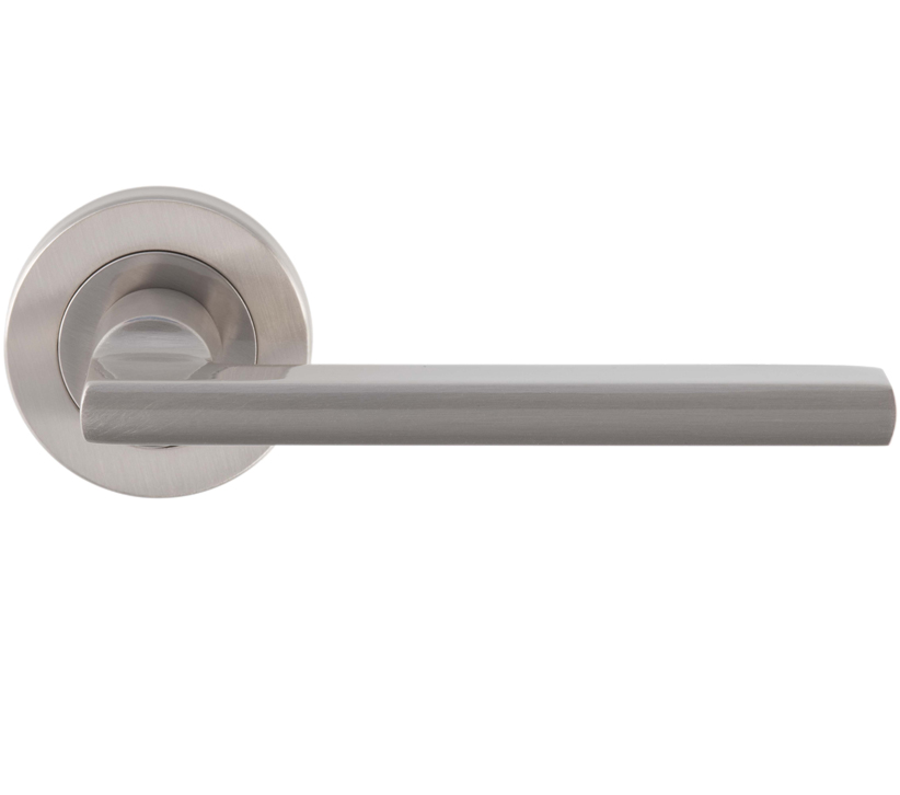 Trentino Door Handles On Round Rose, Satin Nickel (Sold In Pairs)