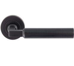 Amiata Door Handles On Round Rose, Matt Black (Sold In Pairs)