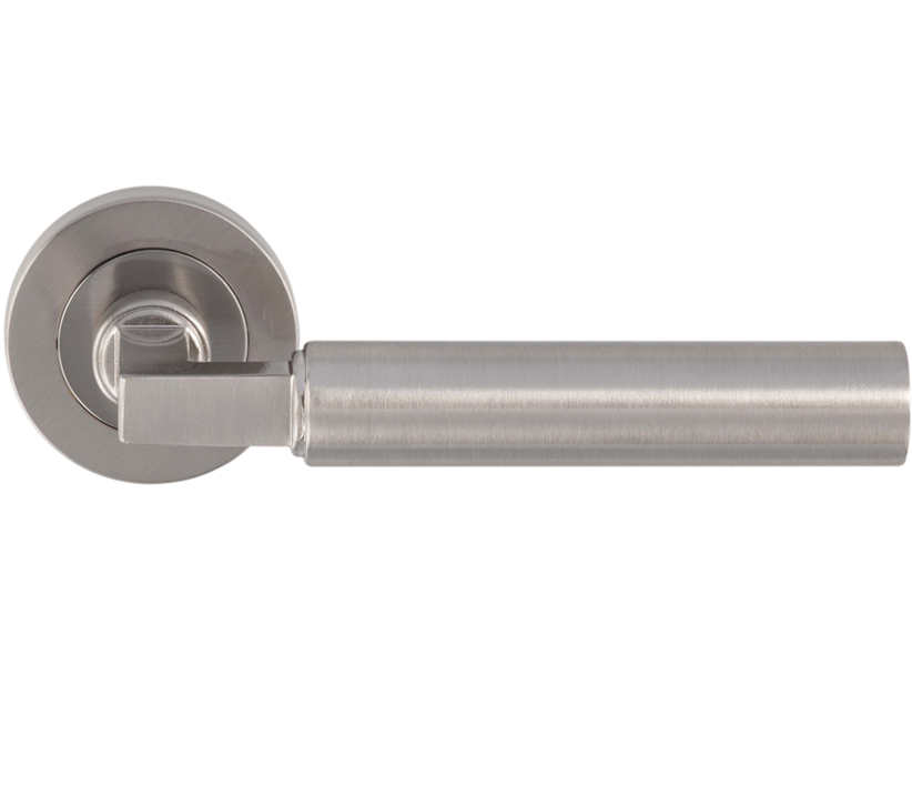 Amiata Door Handles On Round Rose, Satin Nickel (Sold In Pairs)