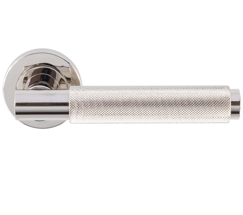 Varese Knurled Door Handles On Round Rose, Polished Nickel (Sold In Pairs)