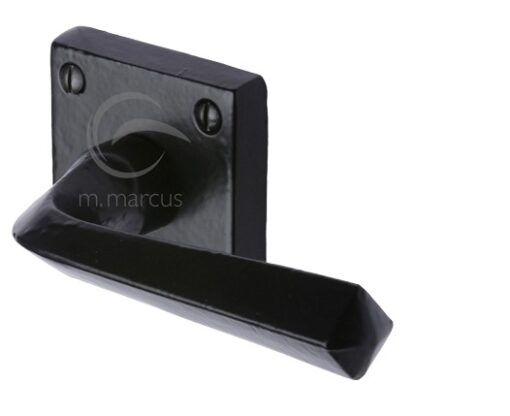 M Marcus Donnington Door Handles On Square Rose, Smooth Black Iron (Sold In Pairs)