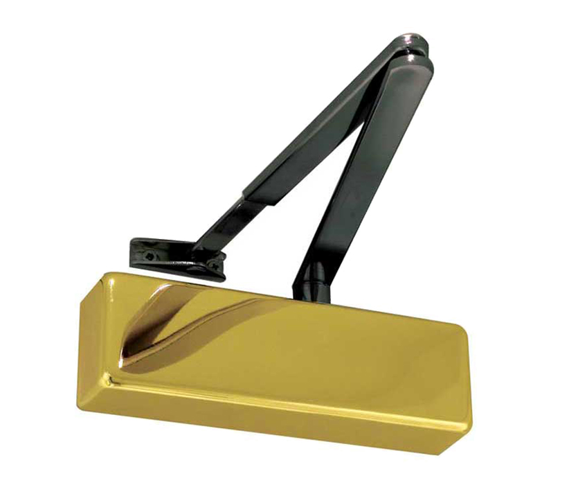 Frelan Hardware Standard Power Size 2-4 Overhead Door Closer With Black Arm, Polished Brass