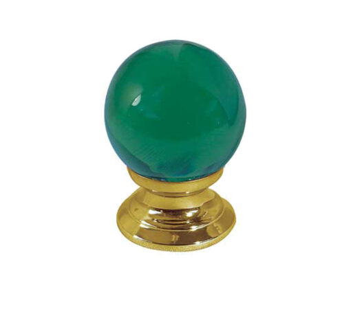 Green Coloured Plain Ball Glass Cupboard Door Knob, Polished Brass