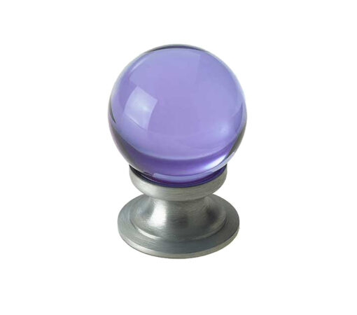 Purple Coloured Plain Ball Glass Cupboard Door Knob, Satin Chrome