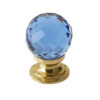 Blue Coloured Faceted Glass Cupboard Door Knob, Polished Brass