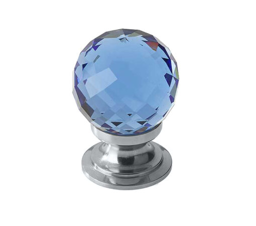 Blue Coloured Faceted Glass Cupboard Door Knob, Polished Chrome