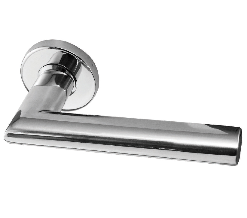 Frelan Hardware Neptune Mitred Door Handles On Round Rose, Polished Stainless Steel (Sold In Pairs)