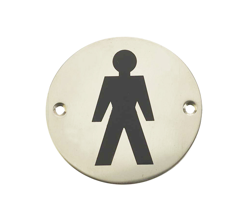 Frelan Hardware Male Pictogram Sign (75Mm Diameter), Polished Stainless Steel