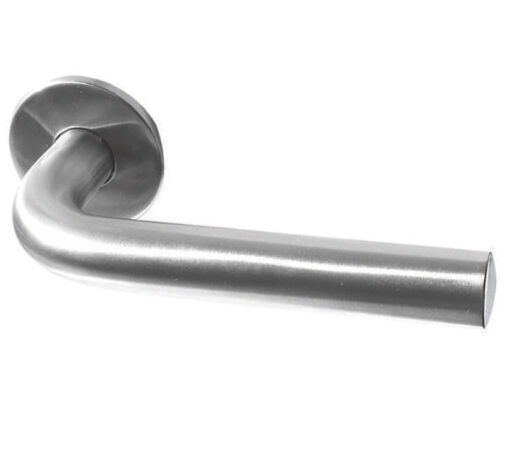 Radium Door Handles On Round Rose, Satin Stainless Steel (sold in pairs)