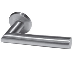 Neptune Mitred Door Handles On Round Rose, Satin Stainless Steel (sold in pairs)