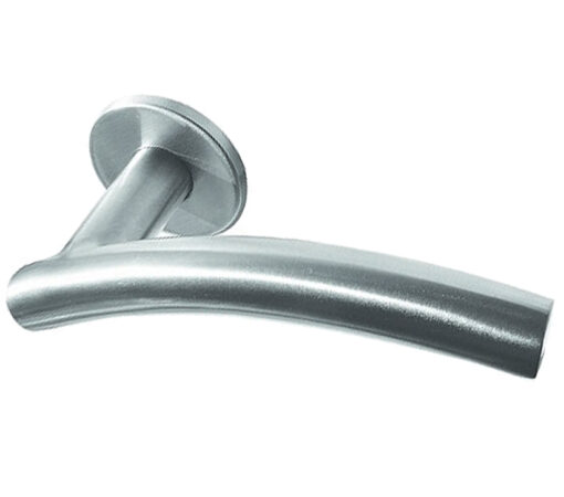 Arched Door Handles On Round Rose, Satin Stainless Steel (sold in pairs)