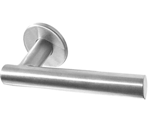 Atlanta Door Handles On Round Rose, Satin Stainless Steel (sold in pairs)