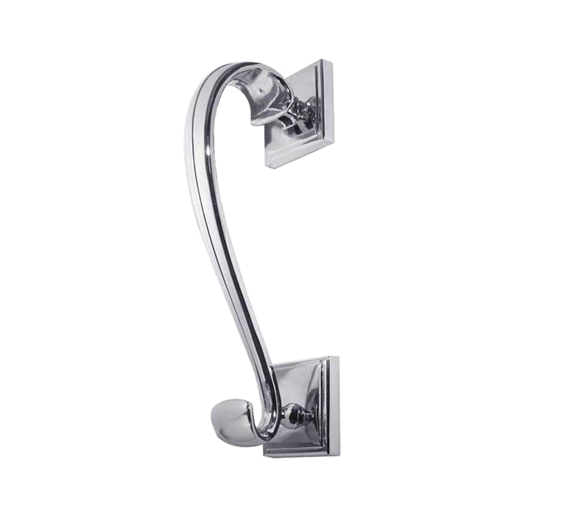 Frelan Hardware Sloan Scroll Door Knocker On Square Rose, Polished Chrome