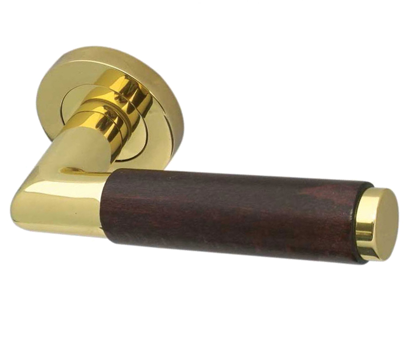 Frelan Hardware Reguitti Cuba Dark Wood Door Handles On Round Rose, Polished Brass(Sold In Pairs)