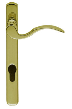 Scroll Narrow Plate, 92Mm C/C, Euro Lock, Polished Brass Door Handles (Sold In Pairs)