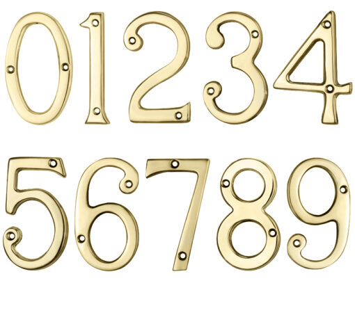 Face Fix Door Numerals (0-9), Polished Brass