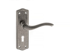 Old English Warwick Key Lever Door Handle on Backplate - Distressed Silver